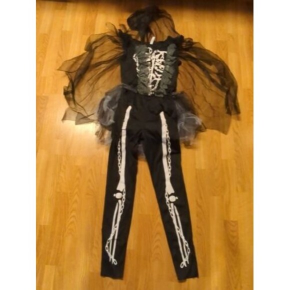 Grim Reaper Girl Large Kids Halloween Costume Skeleton Dress Cape Leggings - Picture 8 of 11